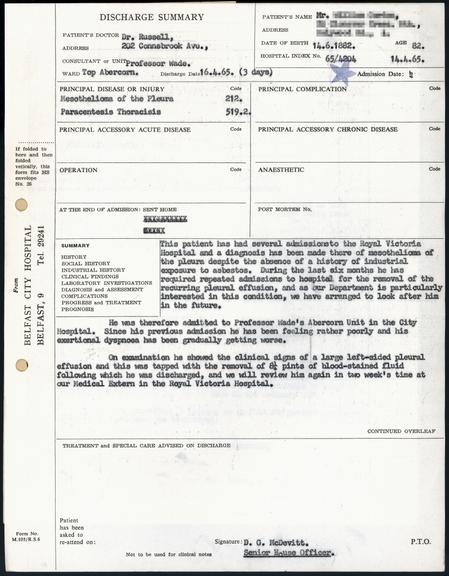 Post Mortem Reports Investigating Cases of Mesothelioma, 1958-1976