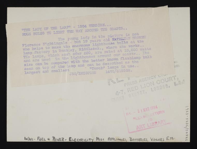 A photographic print of Industry, Fuel & Power, Electricity