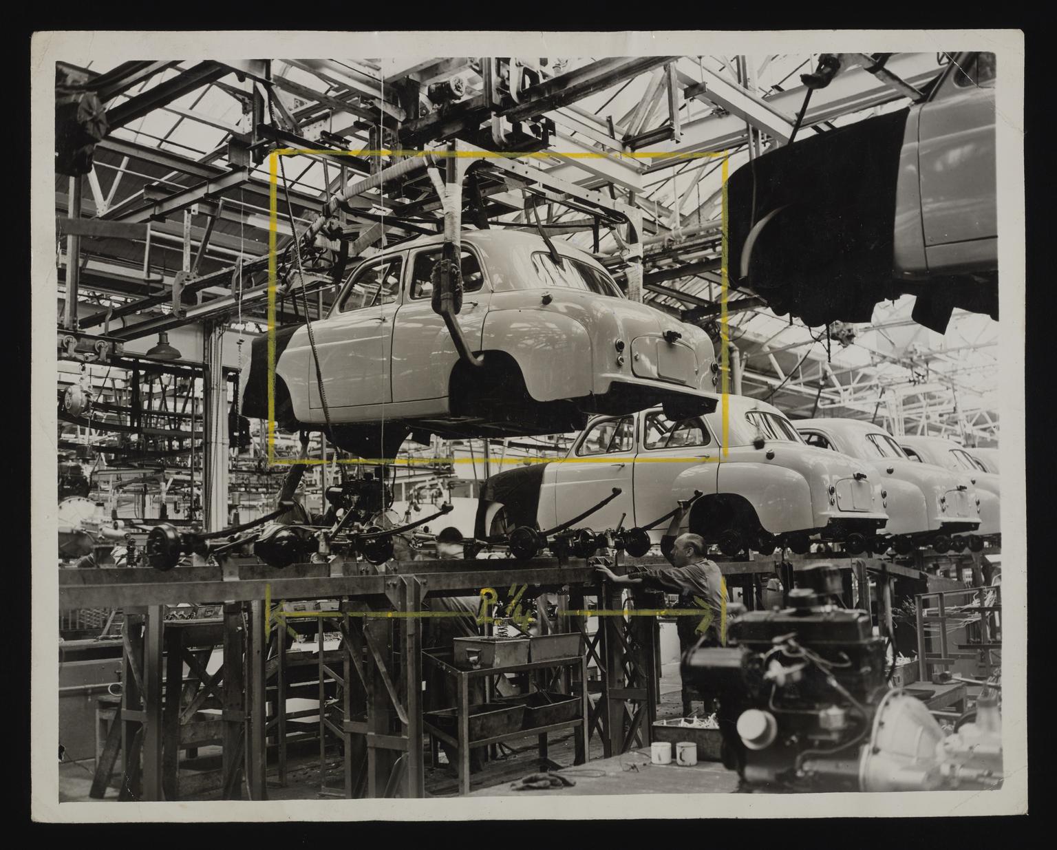 A photographic print of Industry, Motor, Assembly Lines, Completed Cars ...