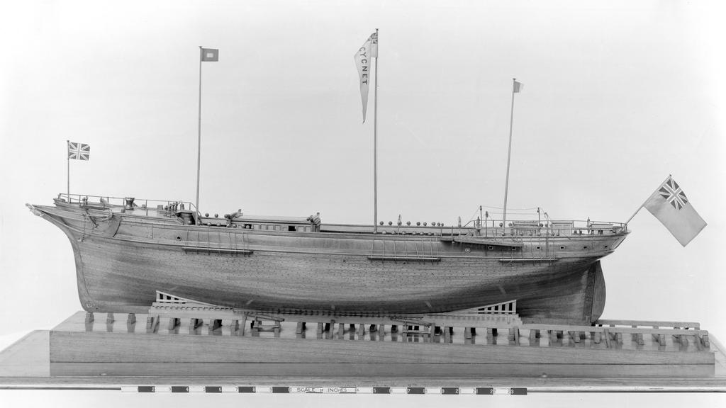 Whole model on launching ways, of the merchant ship 'Cygnet'