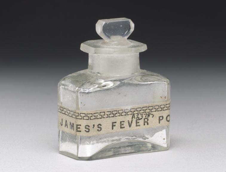 Bottle, small clear glass for James's Fever powder containing small quantity of white powder