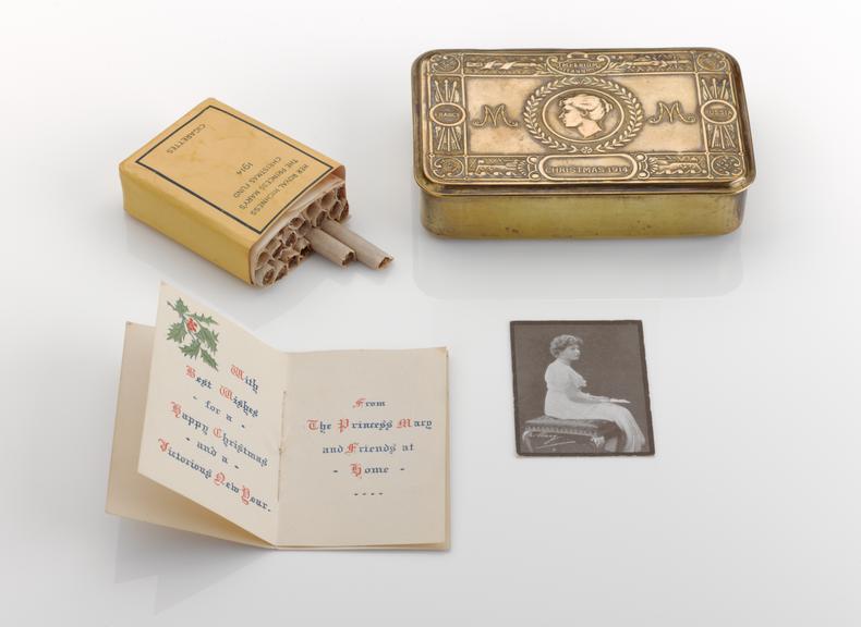 1914 cigarette tin Cigarette tin and card