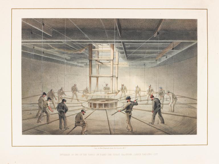 Four coloured prints, scenes on "Great Eastern" during the laying of the first Atlantic cable, 1865-1867