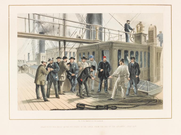 Four coloured prints, scenes on "Great Eastern" during the laying of the first Atlantic cable, 1865-1867