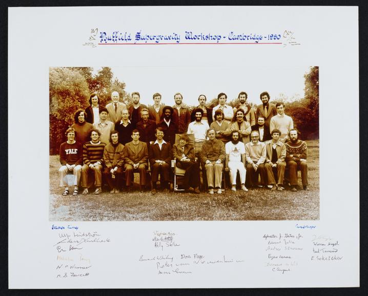 Signed group photograph from the 1980 Nuffield Supergravity Workshop