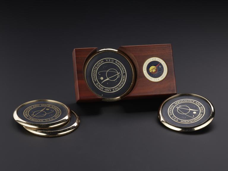 Wooden presentation and storage block for NASA coasters