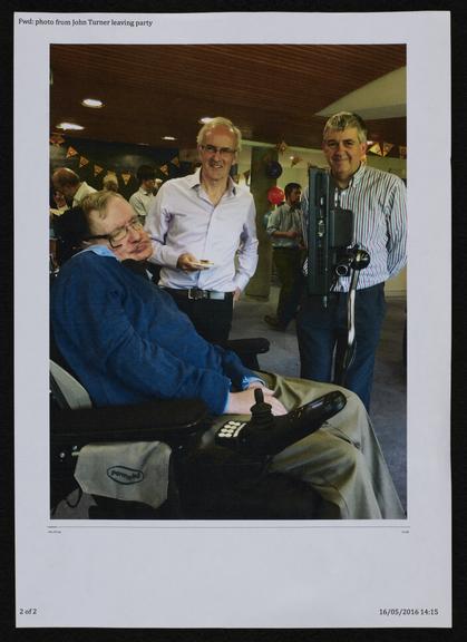 Printed photograph of Stephen Hawking at a leaving party (photograph)