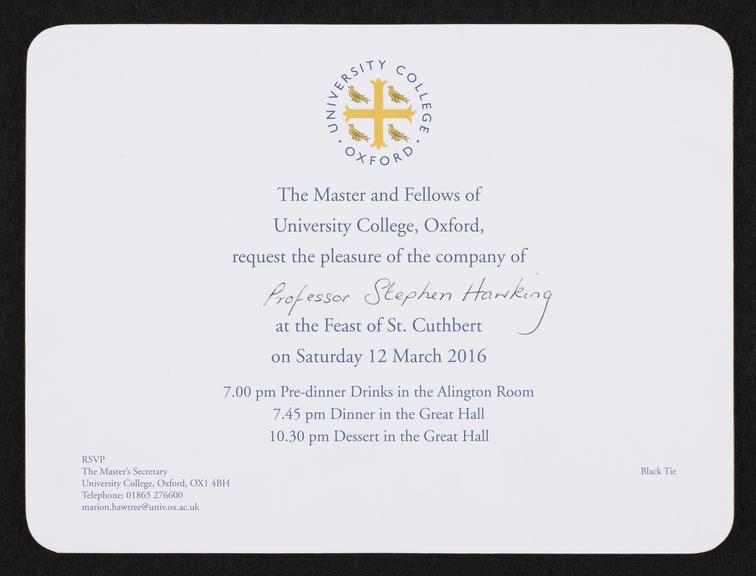 Invitation to the Feast of St Cuthbert at University College Oxford, 2016 (invitations)