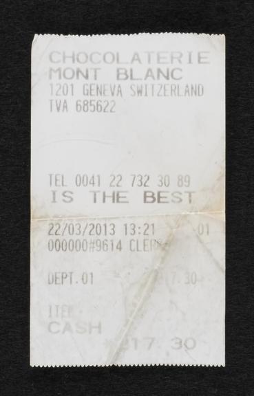 Receipt for Chocolaterie in Geneva, Switzerland, 2013.