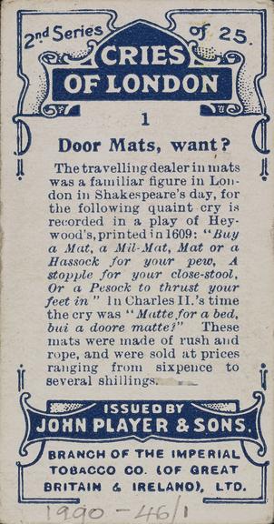 cries of london cigarette cards Set of 'Cries of London' cigarette cards, 1916