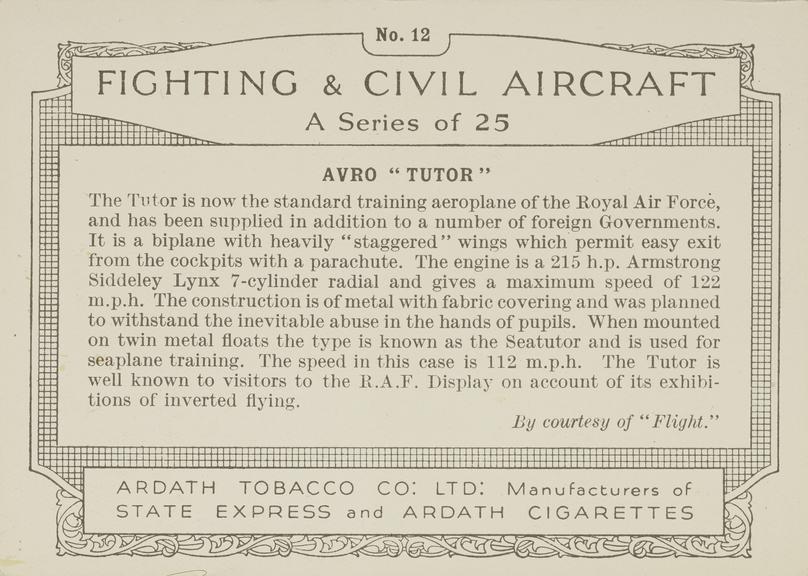 Part set of 'Fighting & Civil Aircraft' cigarette cards