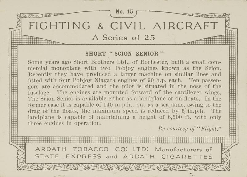 Part set of 'Fighting & Civil Aircraft' cigarette cards