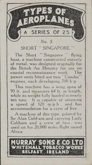 Set of 'Types of Aeroplanes' cigarette cards
