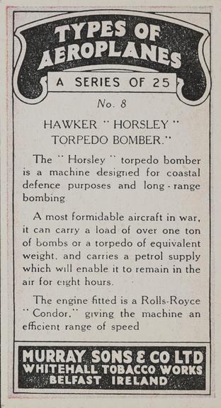 Set of 'Types of Aeroplanes' cigarette cards