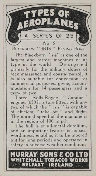 Set of 'Types of Aeroplanes' cigarette cards