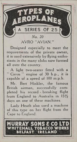 Set of 'Types of Aeroplanes' cigarette cards