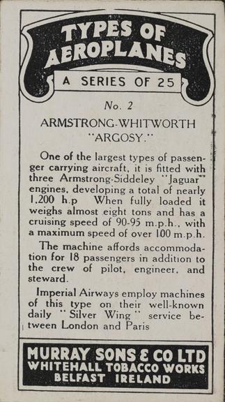 Set of 'Types of Aeroplanes' cigarette cards