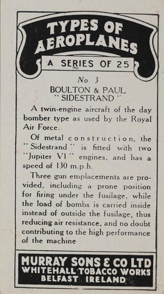 Set of 'Types of Aeroplanes' cigarette cards