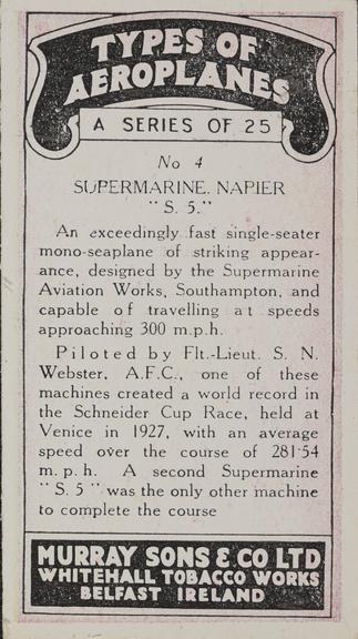 Set of 'Types of Aeroplanes' cigarette cards