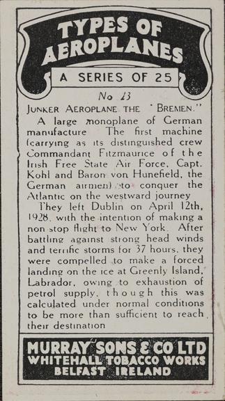 Set of 'Types of Aeroplanes' cigarette cards