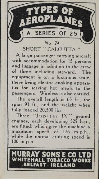 Set of 'Types of Aeroplanes' cigarette cards