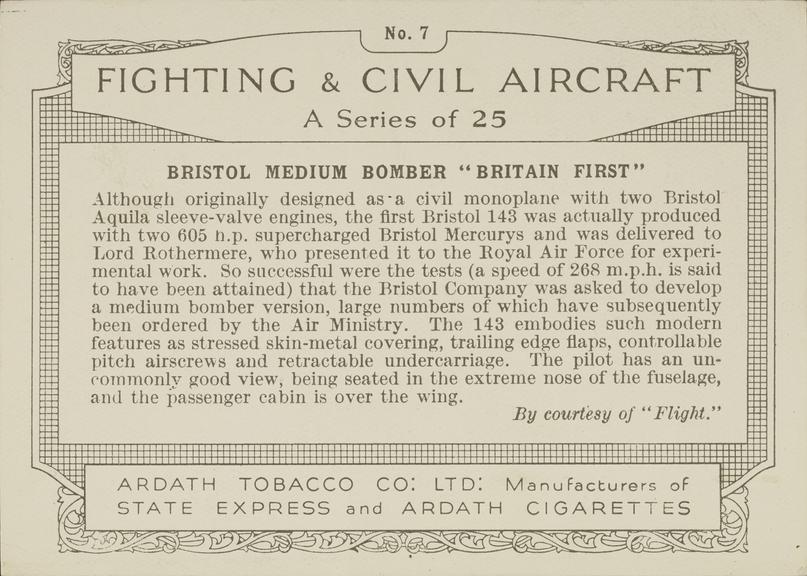 Part set of 'Fighting & Civil Aircraft' cigarette cards