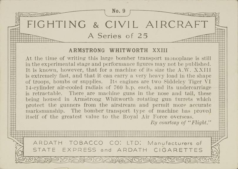 Part set of 'Fighting & Civil Aircraft' cigarette cards