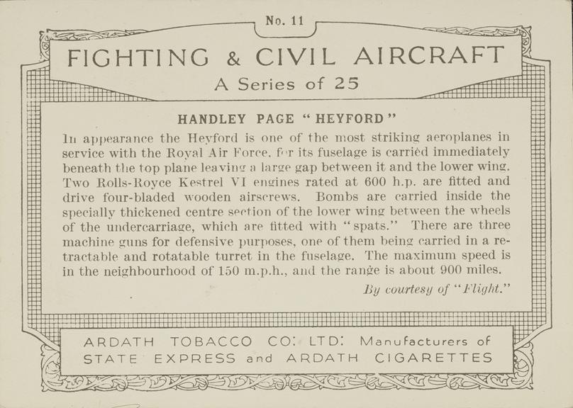 Part set of 'Fighting & Civil Aircraft' cigarette cards