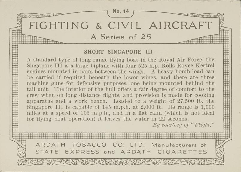 Part set of 'Fighting & Civil Aircraft' cigarette cards