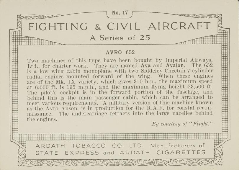 Part set of 'Fighting & Civil Aircraft' cigarette cards