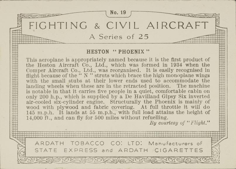 Part set of 'Fighting & Civil Aircraft' cigarette cards