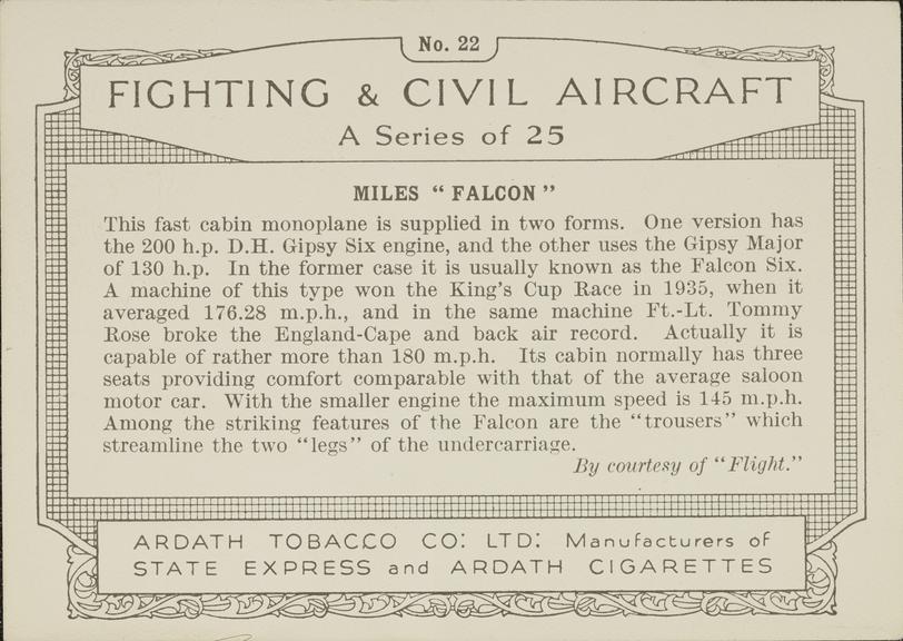 Part set of 'Fighting & Civil Aircraft' cigarette cards