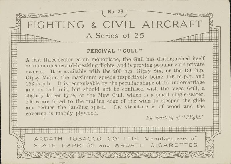 Part set of 'Fighting & Civil Aircraft' cigarette cards