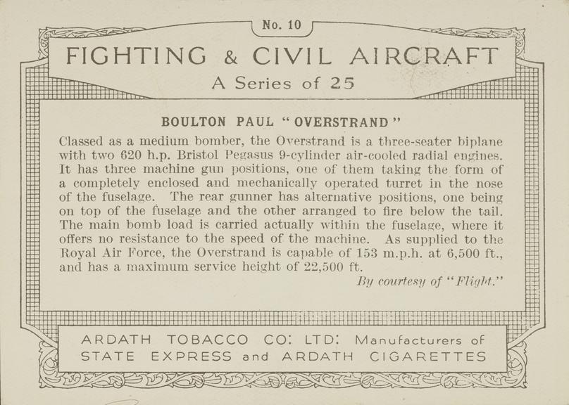 Part set of 'Fighting & Civil Aircraft' cigarette cards