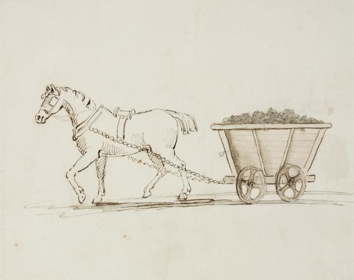 drawing. Ink and sepia wash. 'Galloway pulling Waggon' / Lead Mining (watercolours; sketches;)