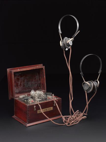 Rexophone crystal set with two pairs of Telefunken headphones (out of three), 1923-1930