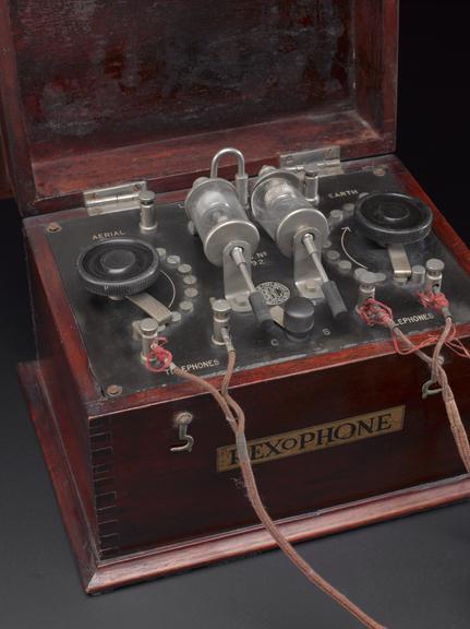 Rexophone crystal set with two pairs of Telefunken headphones (out of three), 1923-1930