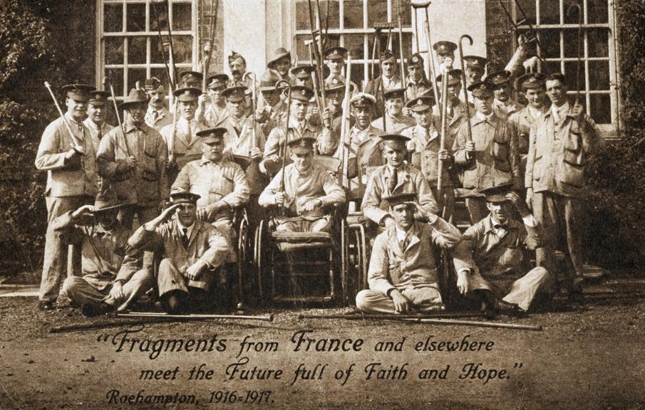 Group portrait of soldiers, many of them amputees, c1916-1917.