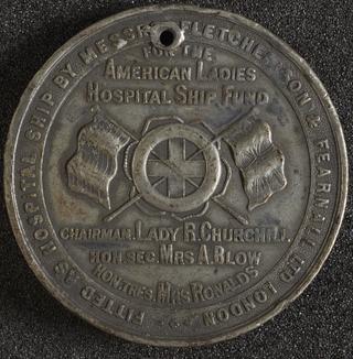 Circular aluminium medal sold by American Ladies Hospital Ship Fund