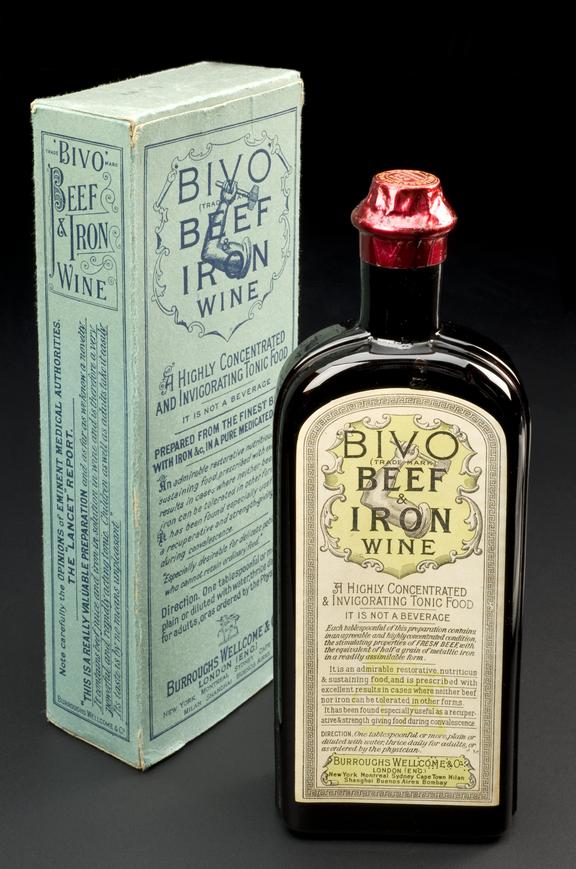 Blue box containing unopened glass bottle of Bivo Beef and Iron