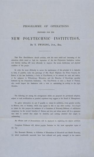 Print, leaflet. Programme of Operations proposed for the New Polytechnic Institution