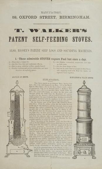 Engraving: 'T. Walker's Patent Self-Feeding Stoves'