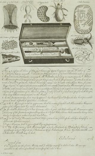 Engraving: John Clark's silver microscope with a letter beneath approving its manufacture.   Engraved by A. Bell