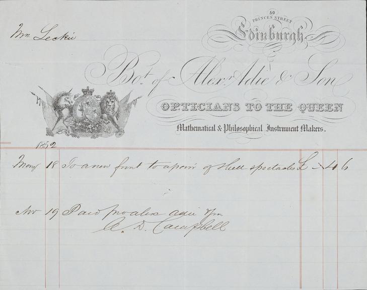 Receipt with letter heading. Alexander Adie & Son