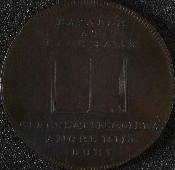 Suffolk halfpenny token, for bookseller and circulating library