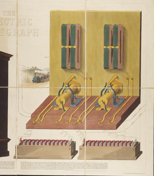 Hand coloured engraving of the Electric Telegraph
