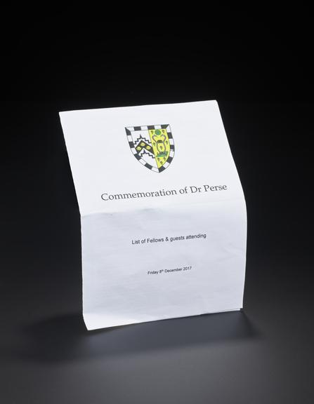 Printed booklet for the Commemoration of Dr Perse containing a list of fellows and guests attending