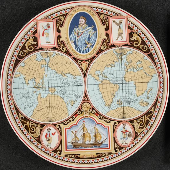 Plate commemorating Sir Francis Drake circumnavigating the world ...