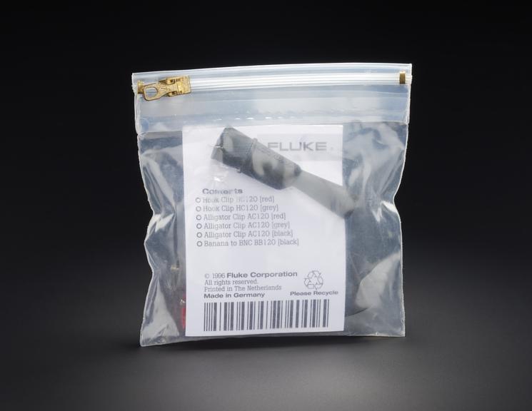 Zip-lock bag containing two black BB120 Banana to BNC sockets