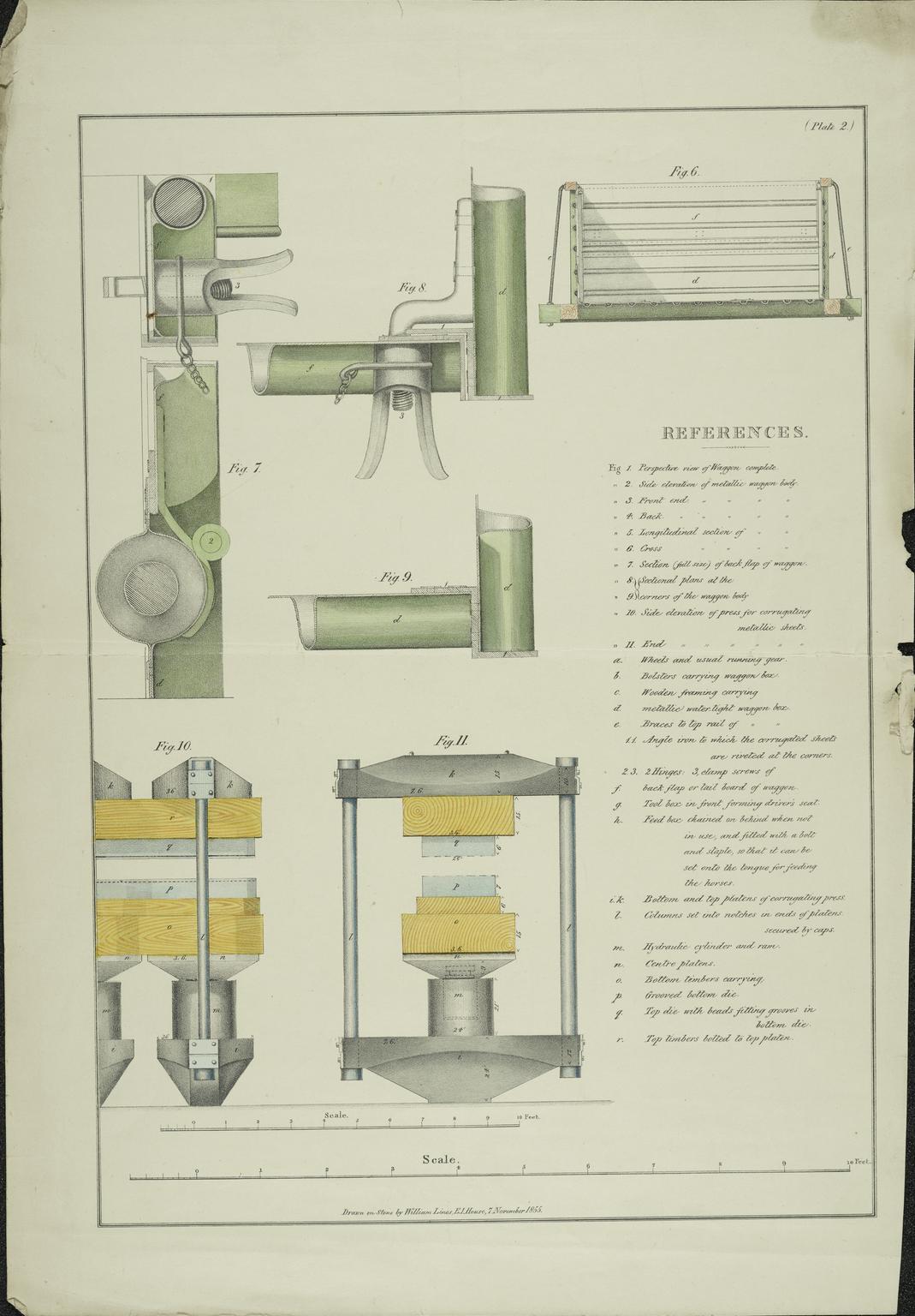 print, one of two coloured lithographs. Francis' Corrugated Metalled Waggon Body. By William Lines